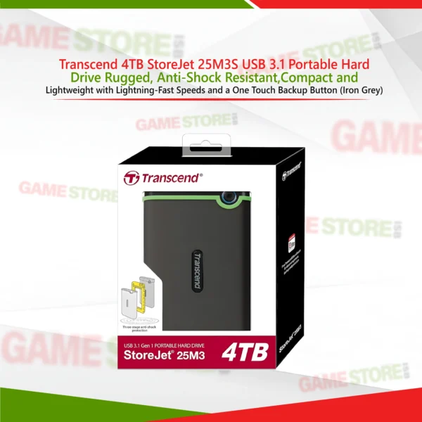Transcend 4TB StoreJet 25M3S USB 3.1 rugged external hard drive anti shock iron grey