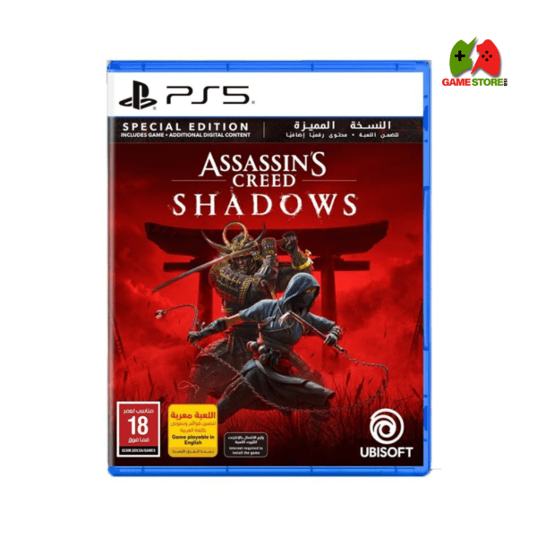 Assassin’s Creed Shadows cover art featuring a ninja in the shadows and a samurai ready for battle, set against the backdrop of feudal Japan.