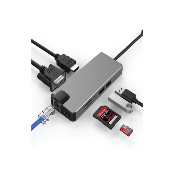 Microware Type C, USB C to HDMI VGA Ethernet Adapter, Type C 8 in 1 hub to HDMI 4K RJ45 2 USB3.0, SD/TF Ports and PD Charging, Compatible for MacBook/MacBook Pro(Grey)