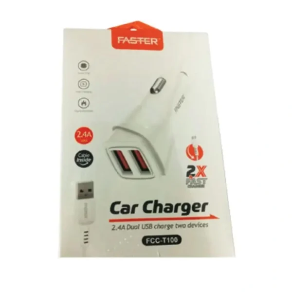 Faster FCC-T100 2X Fast Car Charger 2.4A Dual USB Charge Two Devices Type C Supported
