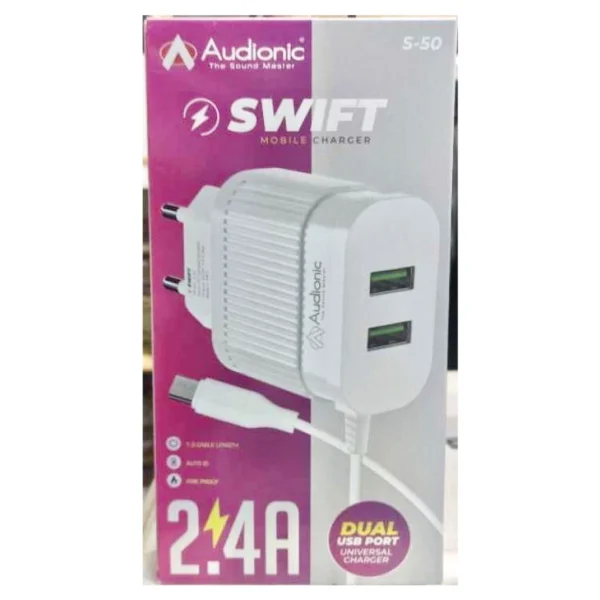 Audionic - Swift S-50 - 2.4A Universal Dual USB Port Charger With Attached MicroUSB Cable