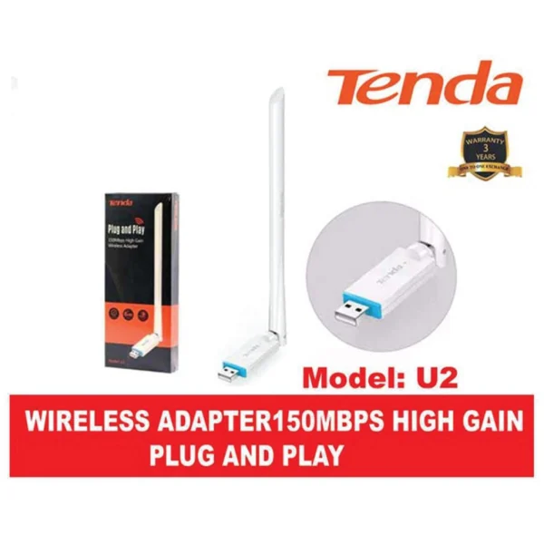 TENDA U2 150-Mbps High Gain Wireless Network Adapter External USB Network Card Portable Wi-Fi Hotspot Receiver Plug and Play
