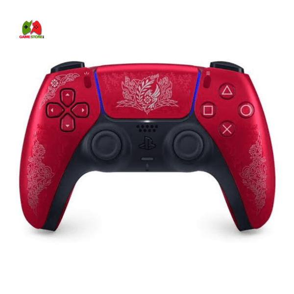 A PlayStation 5 DualSense Wireless Controller featuring a unique Monster Hunter Wilds design, highlighting stunning artwork inspired by the game.