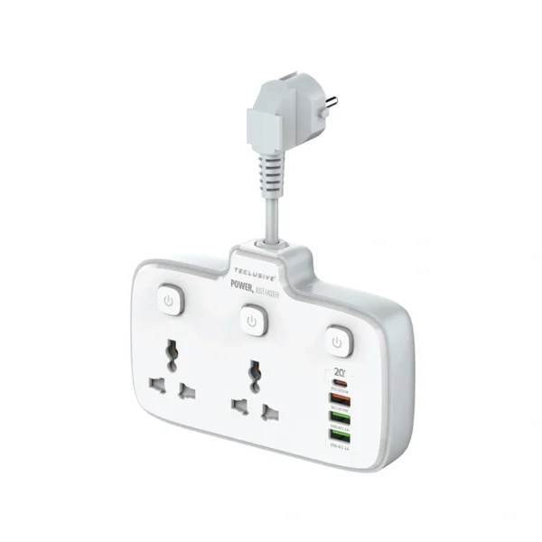 T Teclusive 2500W 10A Extension Power Strip with USB Ports | 2 Power Socket with 20W Type C USB PD QC 3.0 Fast USB Ports | Multi Port Extension with USB Ports and Individual Switch