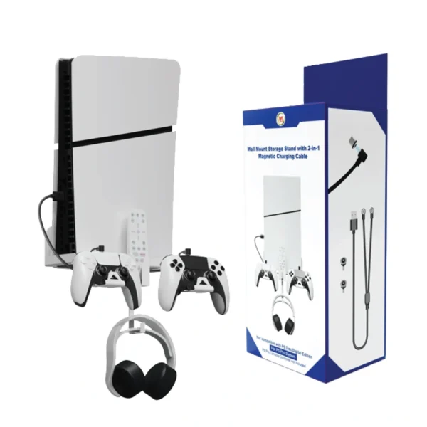 PS5 Slim Wall Mount Storage Stand with Dual Controller Charging