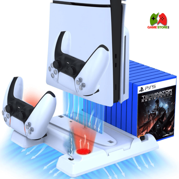 DOBE PS5 Slim Stand & Cooling Station – DualSense Controller Charging, 3-Speed Cooling Fan, 4 USB Hub, and 11 Game Slots for the ultimate gaming setup.