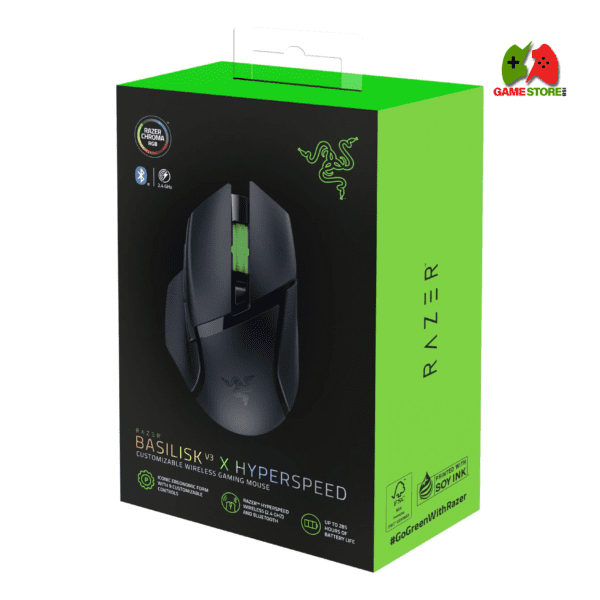 Razer Basilisk V3 X HyperSpeed Wireless Gaming Mouse on a gaming desk with RGB lighting.