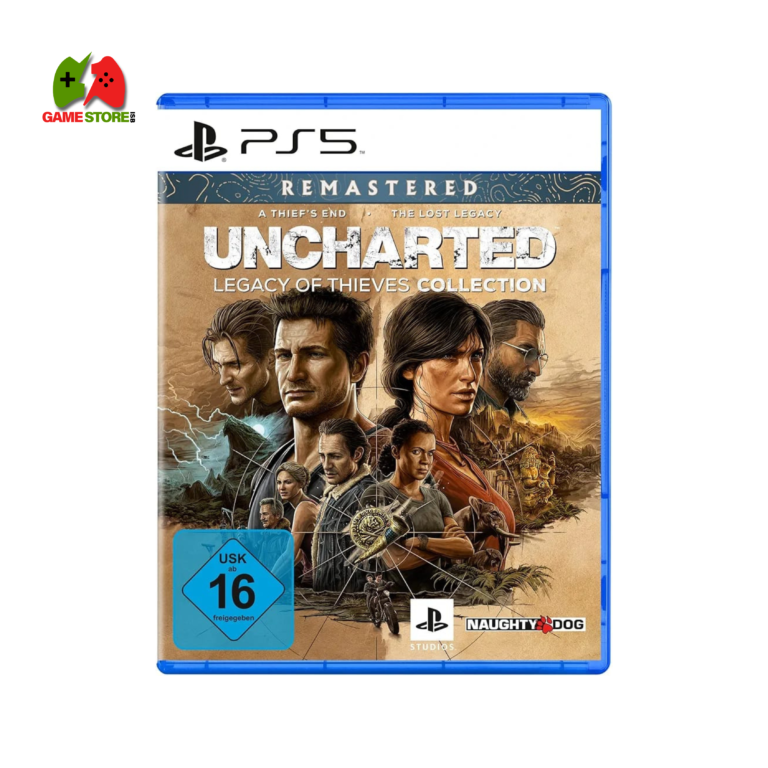 UNCHARTED: Legacy of Thieves Collection PS5 cover art featuring Nathan Drake and Chloe Frazer in high-action moments, showcasing enhanced visuals and cinematic gameplay.