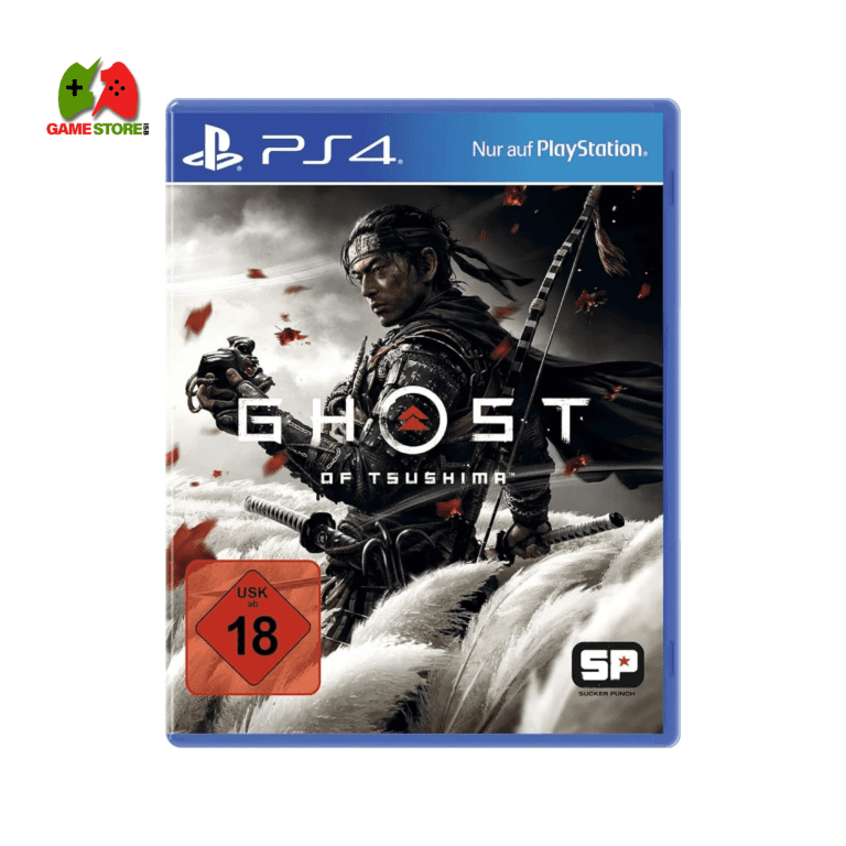 Ghost of Tsushima PS4 cover featuring Jin Sakai in samurai armor, wielding his katana amidst a stormy battlefield.