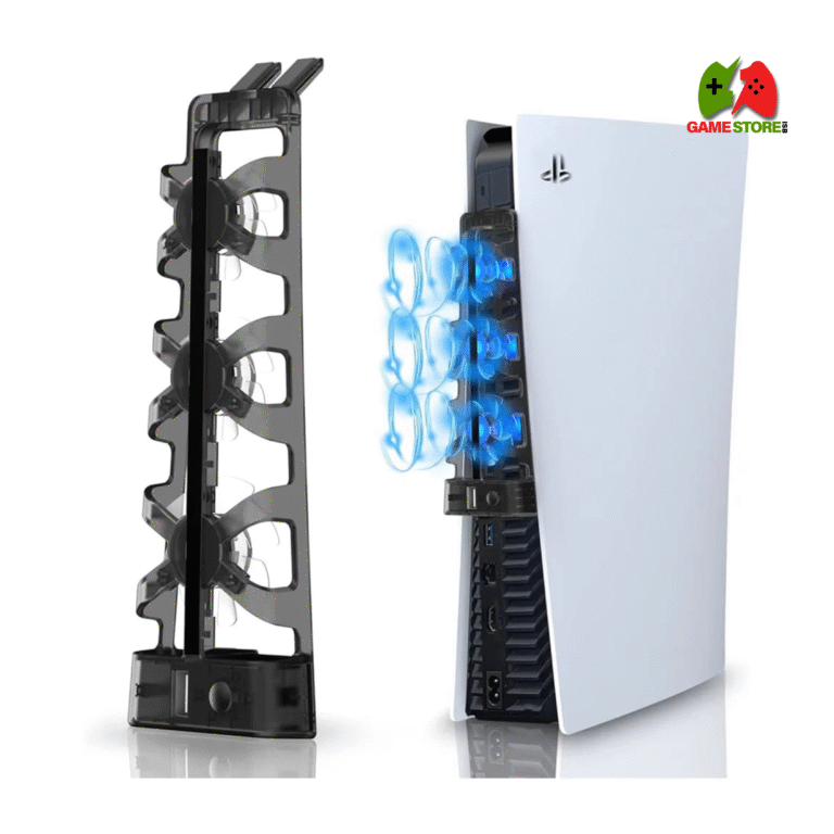 TP5-3538S Cooling Fan attached to the rear of a PS5 Slim console, showcasing its RGB lighting and sleek design.