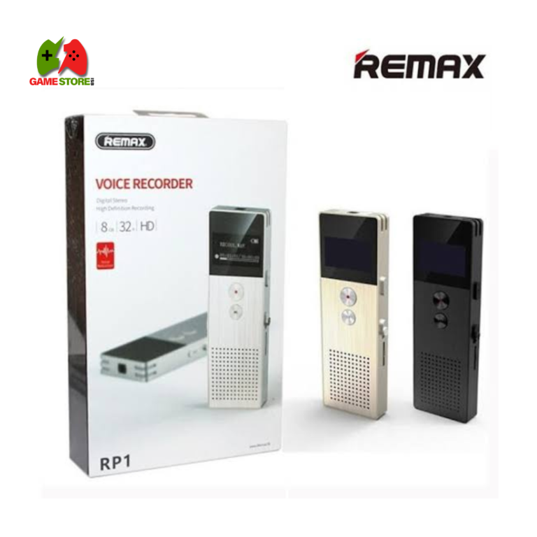 Remax RP1 8GB Digital Voice Recorder – Black portable audio recorder with USB interface, 2-inch screen, stereo mic, and headphone jack.