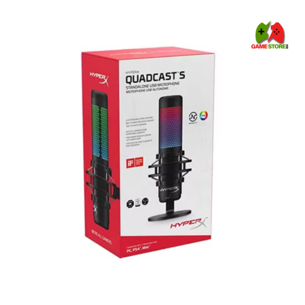 HyperX QuadCast USB Gaming Microphone with red LED, shock mount, pop filter, and tap-to-mute for PC, PS5, PS4, and Mac.