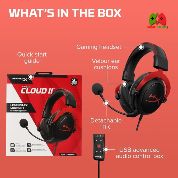 HyperX Cloud II Wired Gaming Headset - Red with 7.1 Surround Sound, Memory Foam, and Detachable Mic for PC, PS5, Xbox Series X|S