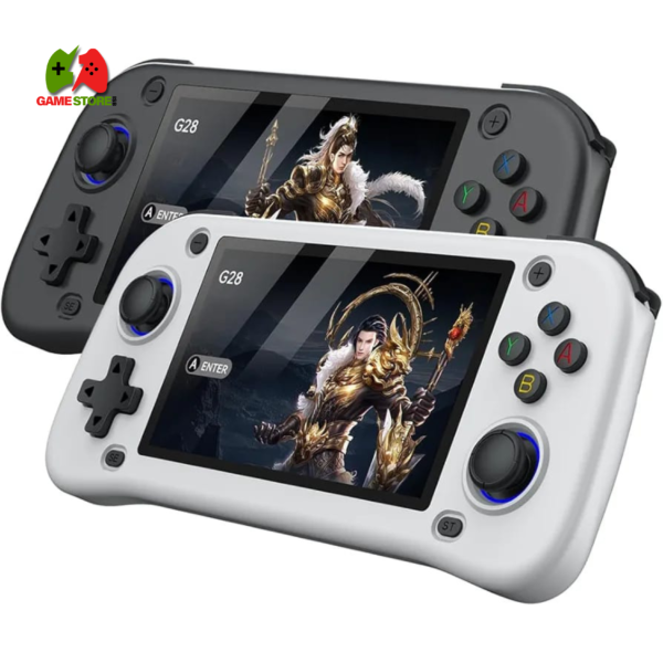 G28 Retro Handheld Game Console with 4.3-inch screen, white design, built-in 64GB memory
