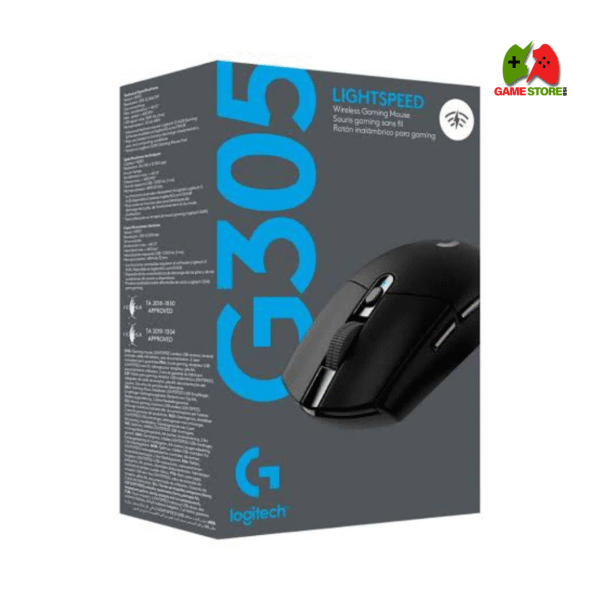Logitech G305 LIGHTSPEED Wireless Gaming Mouse in Black – Top view showcasing ergonomic design and programmable buttons.