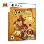 Indiana Jones and the Great Circle PS5 game cover featuring Indiana Jones with his whip against a backdrop of global landmarks.