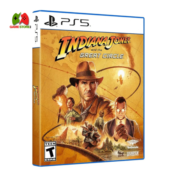 Indiana Jones and the Great Circle PS5 game cover featuring Indiana Jones with his whip against a backdrop of global landmarks.