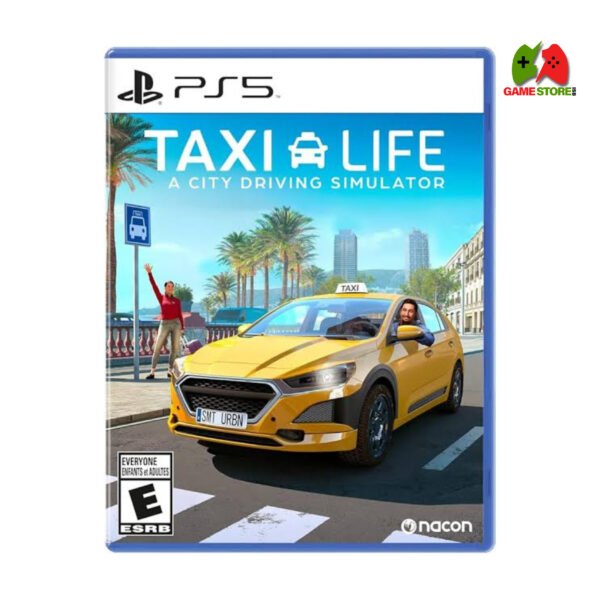Taxi Life PS5 game cover featuring a city street and yellow taxi driving through Barcelona