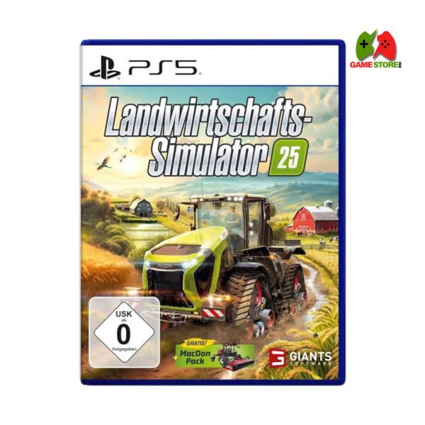 Farming Simulator 25 PS5 cover art featuring modern farm machinery and rural landscapes