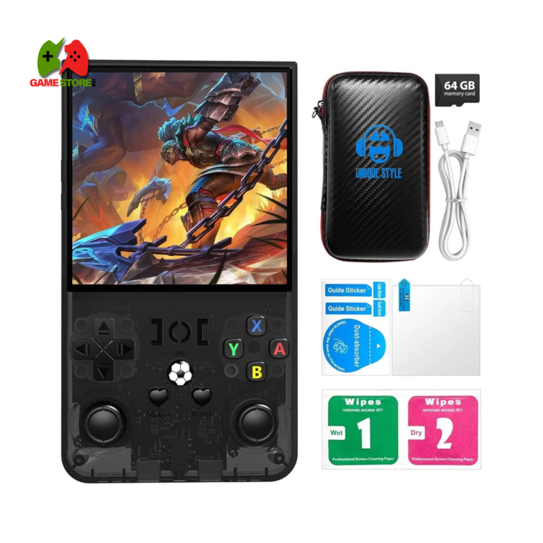 R36 Max Retro Handheld Game Console in Black with 4.0-inch IPS Screen and 64GB Storage