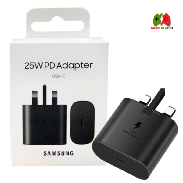 Samsung 25W Super Fast Charging Travel Adapter in black color with UK 3-pin plug