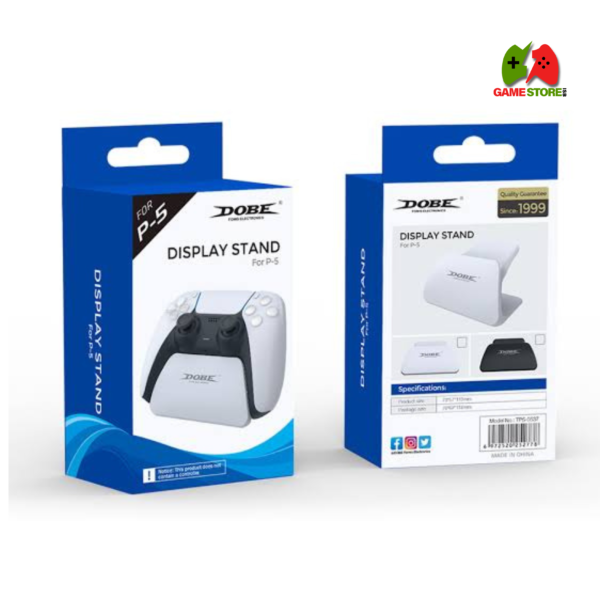 "Armor3 Controller Stand securely holding a PlayStation 5 DualSense controller on a wooden surface."