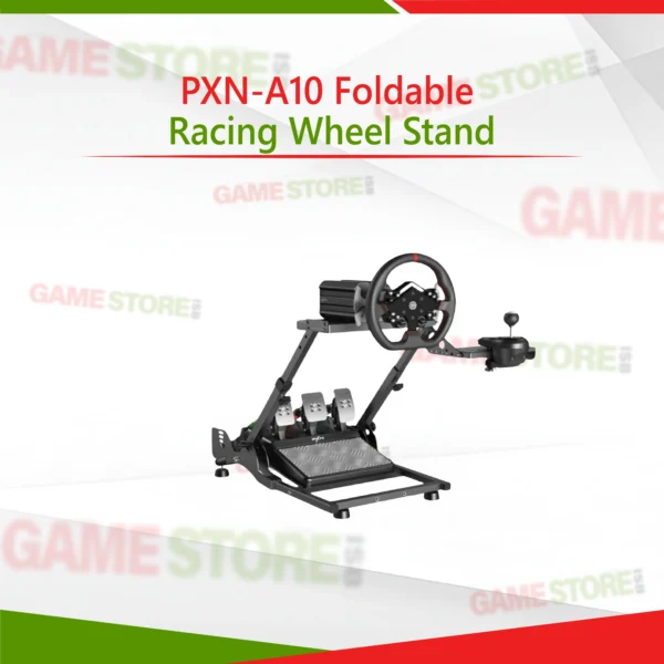 PXN-A10 foldable racing wheel stand front view with pedals mountedPXN-A10 foldable racing wheel stand front view with pedals mounted