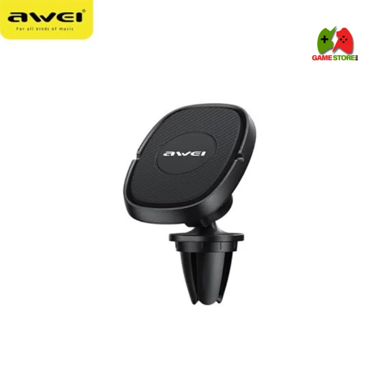 "Awei X21 Magnetic Car Phone Holder attached to a car air vent, holding a smartphone securely."