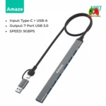 AMAZE A307 7-Port USB 3.0 Hub with Dual USB-A and Type-C Inputs in Black