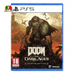 Cover art for DOOM: The Dark Ages on PlayStation 5 showing the DOOM Slayer in medieval armor surrounded by flames and demonic enemies.