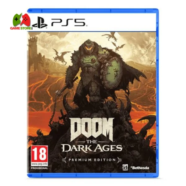 Cover art for DOOM: The Dark Ages on PlayStation 5 showing the DOOM Slayer in medieval armor surrounded by flames and demonic enemies.