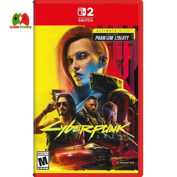 "Cover art for Cyberpunk 2077 Ultimate Edition on Nintendo Switch 2 showcasing V in a neon-soaked urban environment"