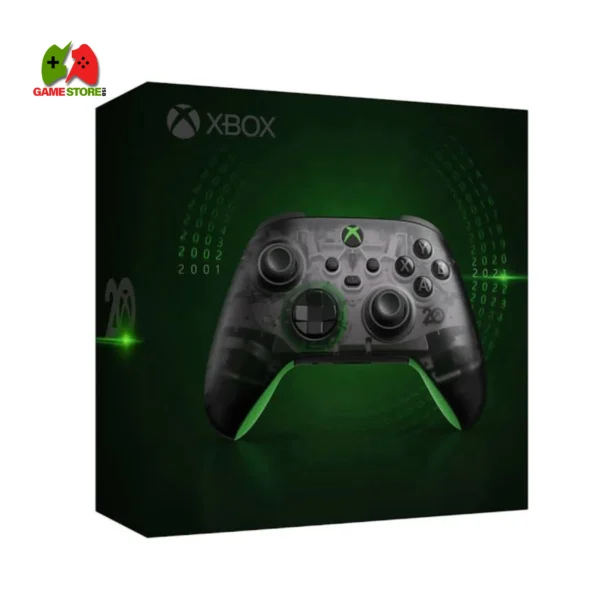 The 20th Anniversary Special Edition Xbox Wireless Controller is translucent black with green accents and silver inside.