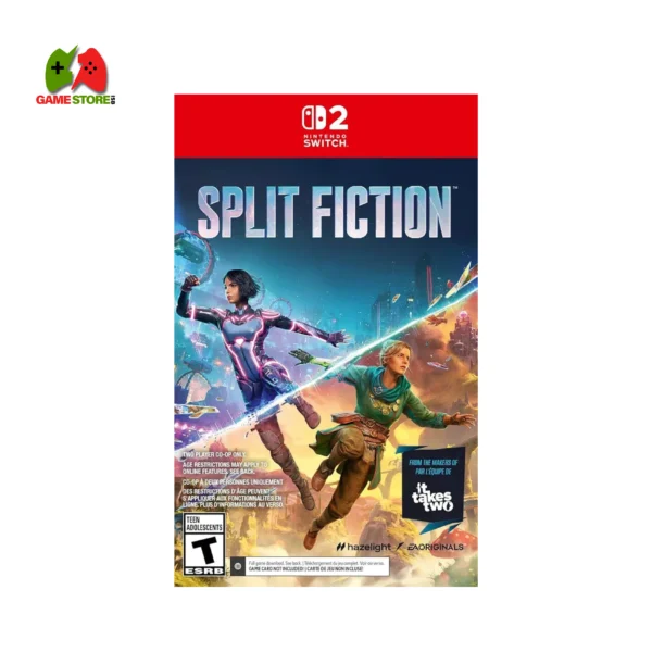 Split Fiction is a digital cooperative adventure game for the Nintendo Switch that includes split-screen gameplay set in both sci-fi and fantasy realms.