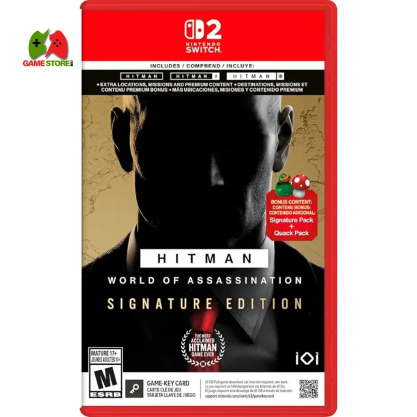 Agent 47 in suit, holding silenced pistol on Nintendo Switch 2: Hitman trilogy revenge.