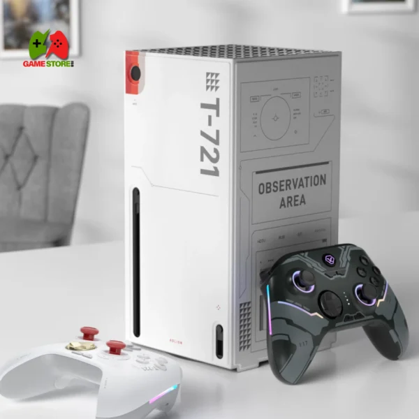 Aolion T-721 Magnetic Smart Cover for Xbox Series X featuring a futuristic observation zone design and two custom controllers positioned alongside.