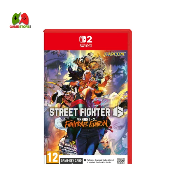 Game cover for Street Fighter 6 on Nintendo Switch 2 showcasing Ryu, Chun-Li, and various other fighters in action-packed poses with bright colors.
