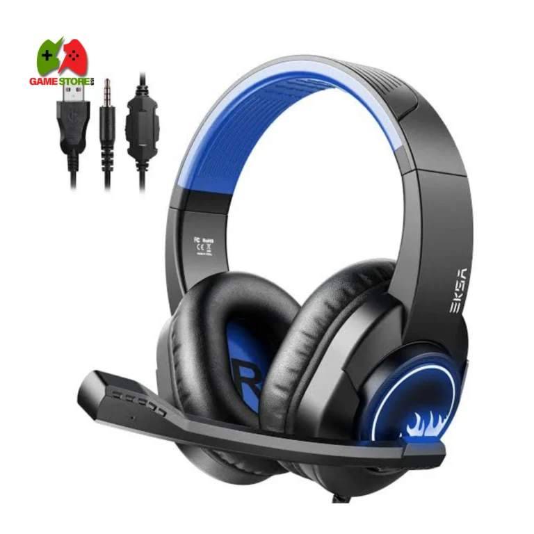 The EKSA T8 gaming headset features a blue LED light, surround sound, a noise-canceling microphone, and 40mm drivers.