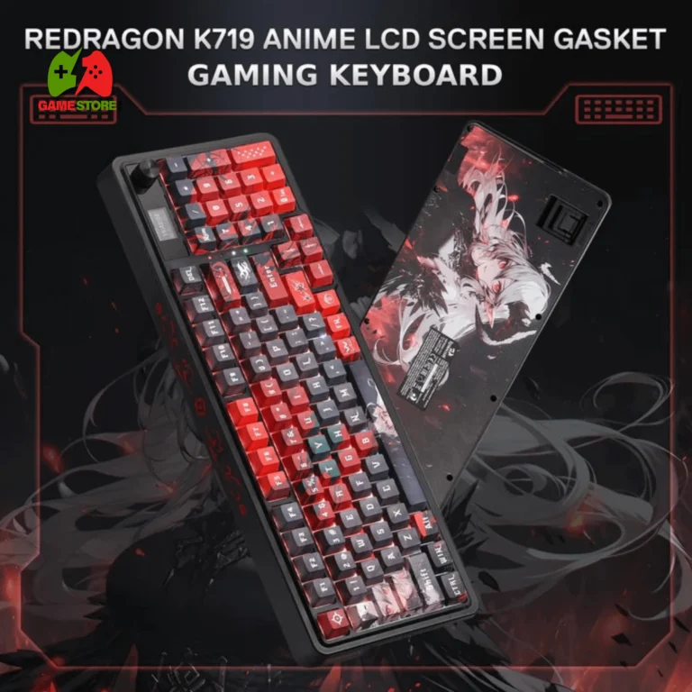 Redragon ARTEMIS K719 PRO Anime Mechanical Keyboard featuring an Ignara character design, an intelligent TFT display, tri-mode connectivity, and a compact layout with 95 keys.