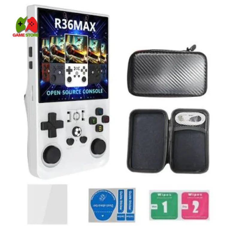 R36MAX Retro Handheld Game Console featuring 18,000+ games, a 4.0-inch IPS screen, HDMI output, and 64GB of storage