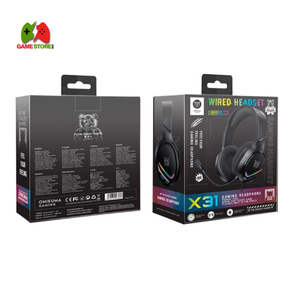 ONIKUMA X31 RGB Wired Gaming Headphones featuring a Noise-Canceling Microphone compatible with PC, PS5, PS4, Xbox, and Mobile devices.