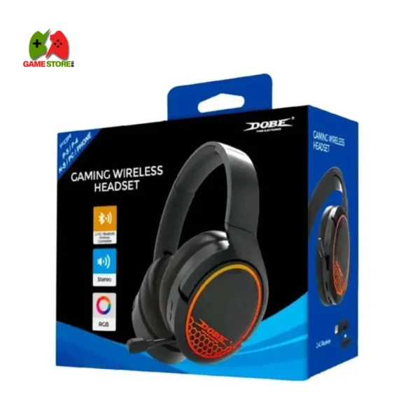 Dobe TP5-35110 Wireless Gaming Headphones designed for PS5, offering both Bluetooth and 2.4GHz connectivity with an over-ear style and integrated battery.