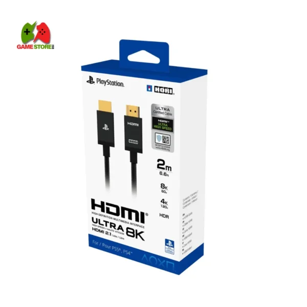 HORI PS5 HDMI 2.1 Ultra High-Speed Cable – A braided HDMI cable certified for 8K/4K, featuring 48Gbps transmission, a metal casing, and official licensing by Sony.