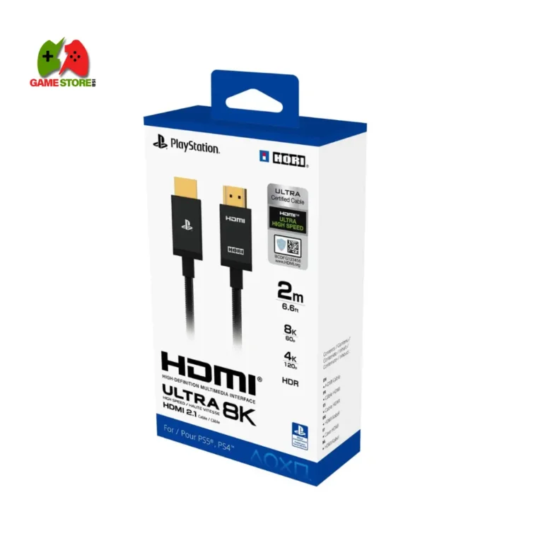 HORI PS5 HDMI 2.1 Ultra High-Speed Cable – A braided HDMI cable certified for 8K/4K, featuring 48Gbps transmission, a metal casing, and official licensing by Sony.