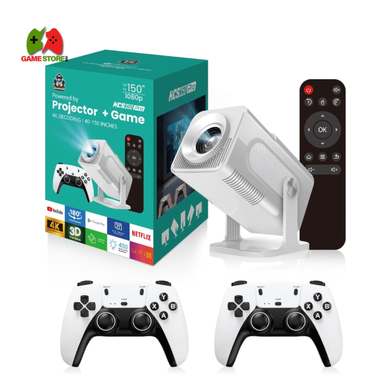 With two wireless controllers, a voice remote, and 30,000 games built in, the HCS350 MAX Android gaming projector supports 4K and is a home theater device.