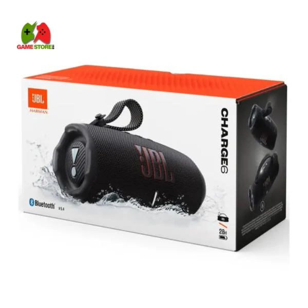 JBL Charge 6 portable Bluetooth speaker – resistant to water, dust, and drops, featuring AI Sound Boost, 45W output, and a battery life of up to 28 hours.