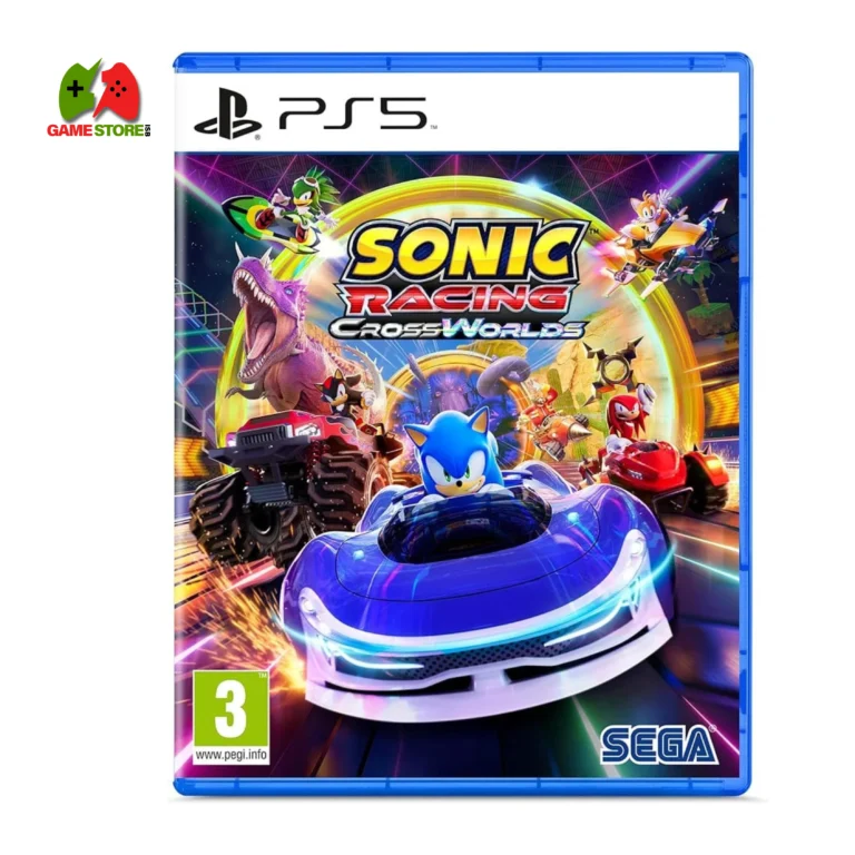 Cover of Sonic Racing: CrossWorlds for PS5. It depicts Sonic and his friends traveling through multiple worlds through a ring of light.