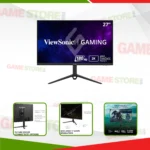 Collage of ViewSonic VX2728J-2K 27 inch 1440p IPS gaming monitor showcasing front view, side ergonomics, connectivity, and gaming performance