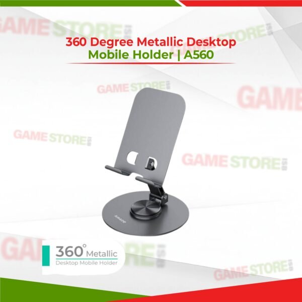 Front view of 360 Degree Metallic Desktop Mobile Holder | A560 showing full-metal design and adjustable rotation
