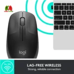 Logitech M190 wireless mouse used with laptop on desk